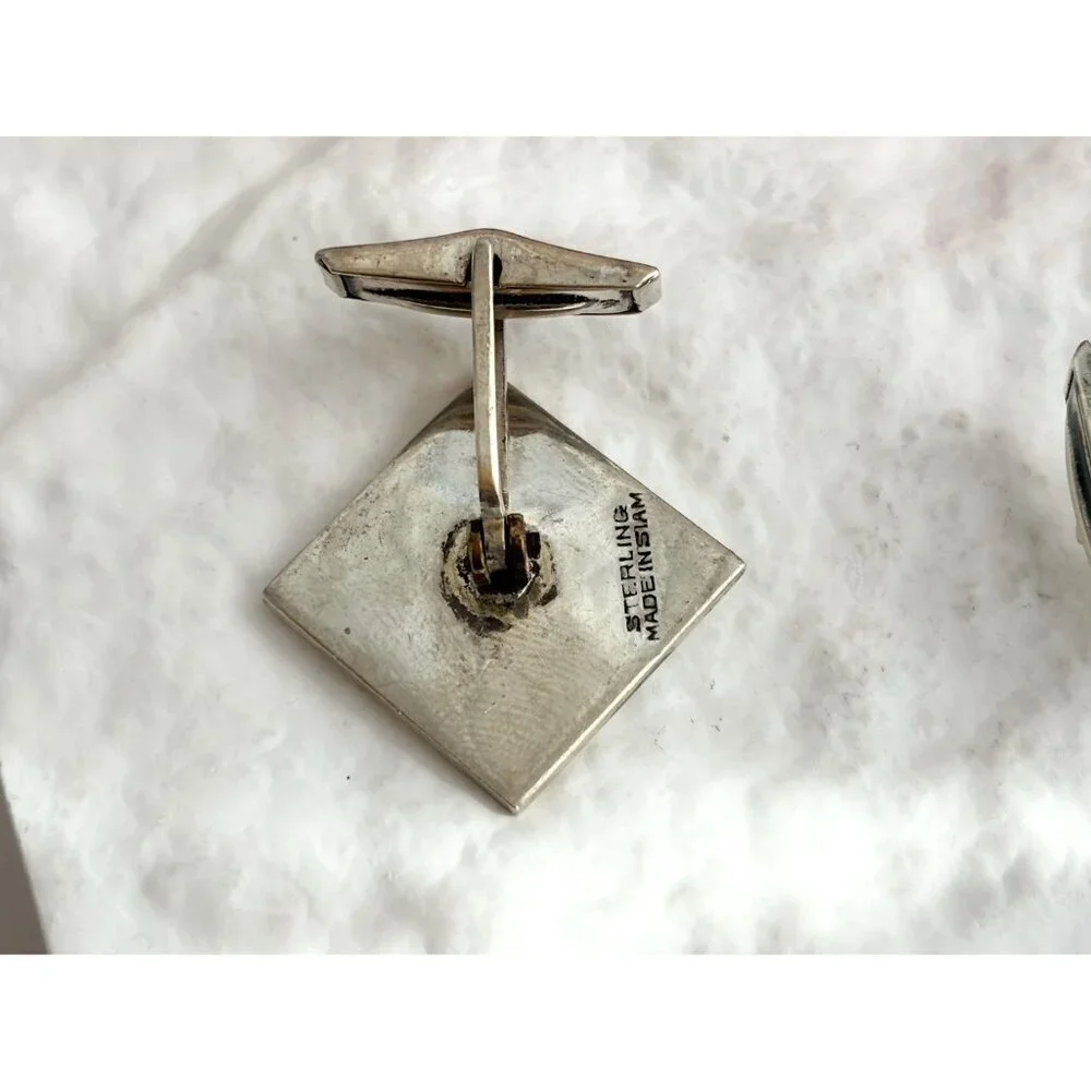 Siam Sterling White Guilloche Square Nielloware Vintage Thai Made 925 Cufflinks